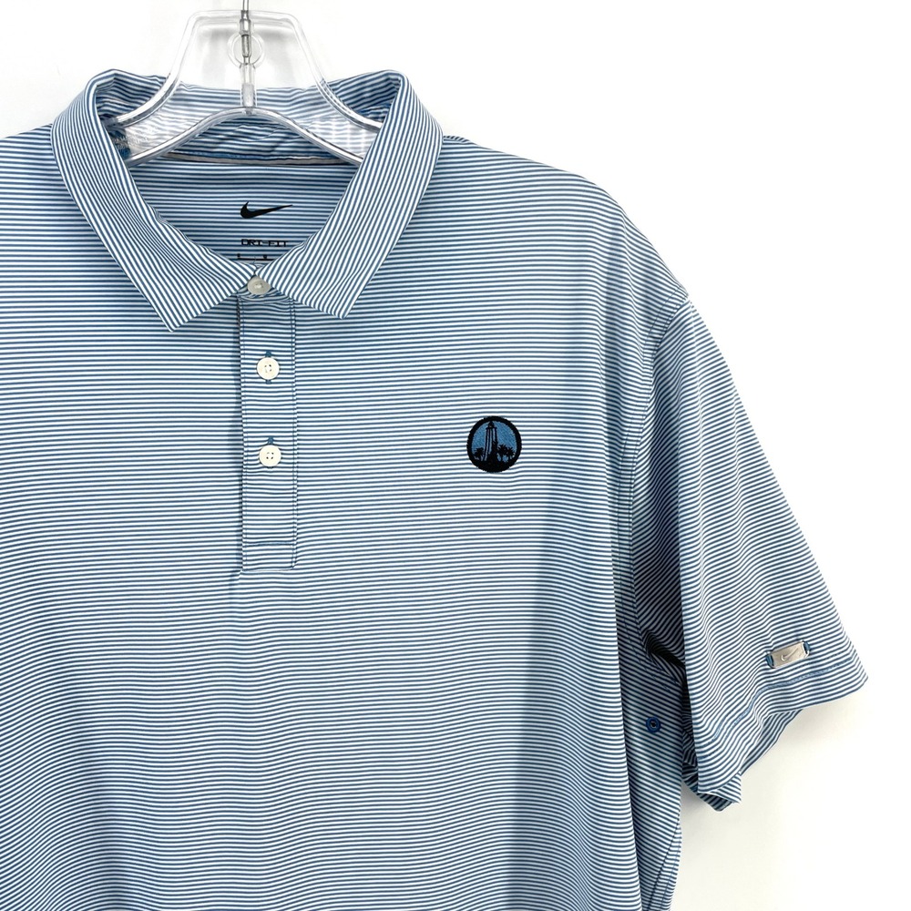 Nike Dri-Fit Golf Polo Shirt Mens L Blue White Striped Lighthouse‎ Short Sleeve